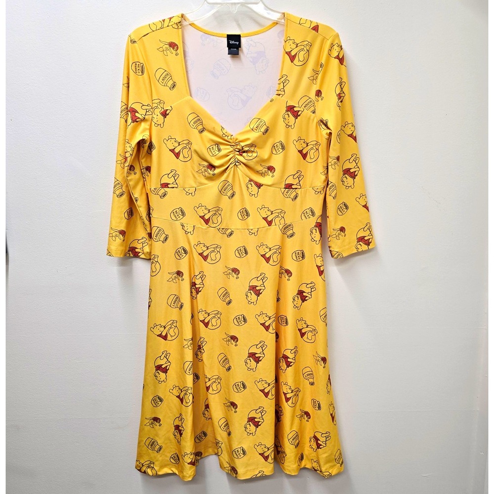 Disney Winnie the Pooh Womens L Yellow Ruched V-Neck 3/4 Sleeve Midi Dress